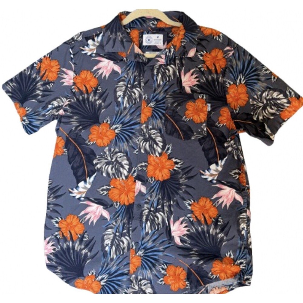 Hurley Mens M Hawaiian Shirt Floral Tropical Button Up Stretch Blue Orange